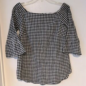 White House Black Market Black and White Check Off Shoulder Top Size XS